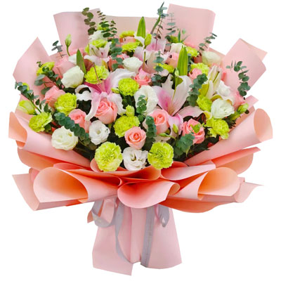 聊城16朵粉玫瑰百合康乃馨，宁静和温柔
