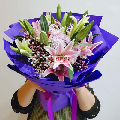 聊城6支粉色多头百合，真诚的问候